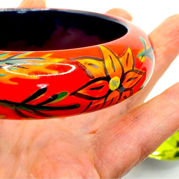Hand-Painted Artisan Boho Wood Bangle - Picture 2 of 6